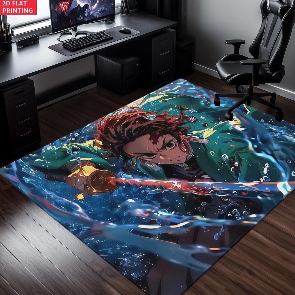 Anime Swordsman Area Rug, Water Theme Floor Mat, Decorative Carpet for Gaming Room Bedroom Living Room, Washable Home Decor Gift