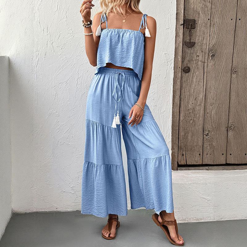 

2026 European & American Resort Set: Textured Camisole Top & Wide-Leg Pants Two-Piece Large синій