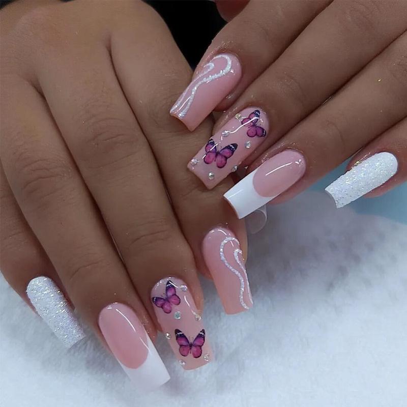 

Medium-Long Pink Butterfly Glitter Press-On Nail Tips Glue Version