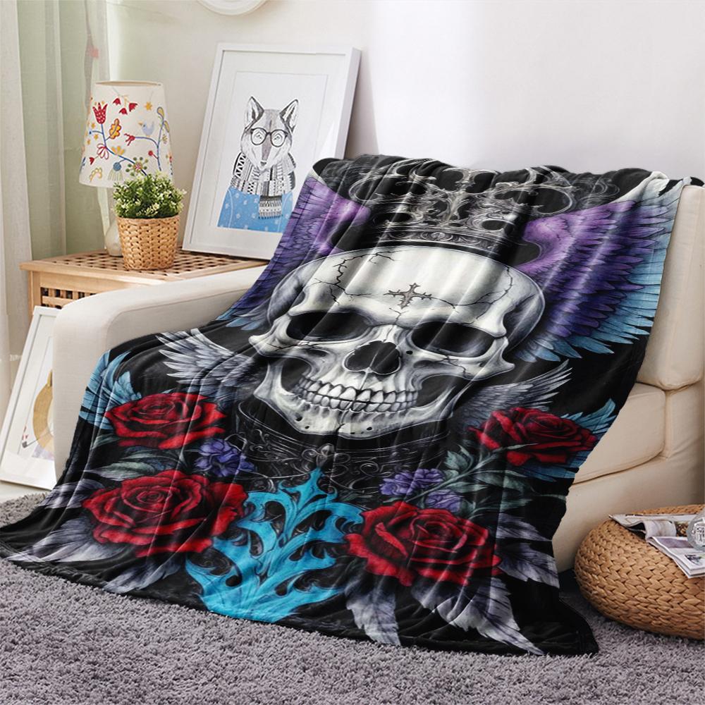 1Pc Skull Head Print Flannel Blanket, High Quality Comfortable for All Seasons, Home Decor, Warmth and Comfort, Perfect for Gifts