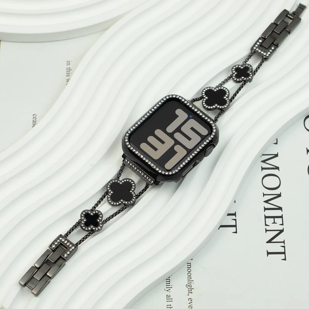 Armband Metallband + Gehäuse Damen Diamantarmband Vierblättriges Kleeblatt für Apple Watch Band Ultra2 49 44 45 42 40 38mm Serie 9 8 7 SE 6 5 4 3