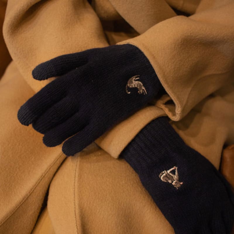 SNOOZY Gray Cat Embroidered Wool Knit Gloves Navy