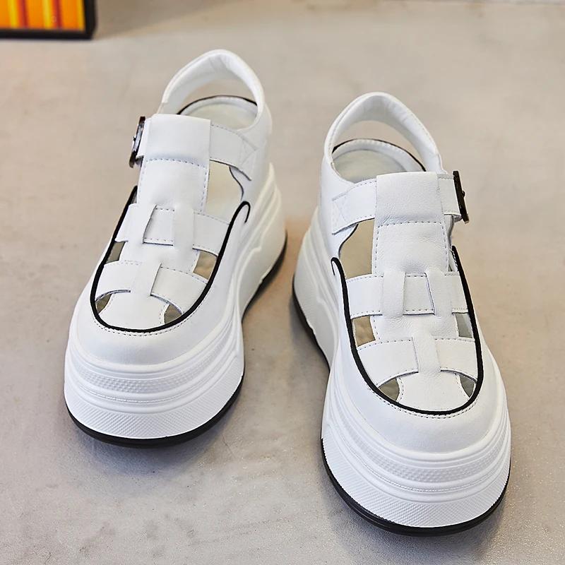 Fashion 7cm Hollow Genuine Leather Breathable Sandals Summer 2024 Women Casual Shoes Platform Wedge Chunky Sneakers Shoes Flats Leisure