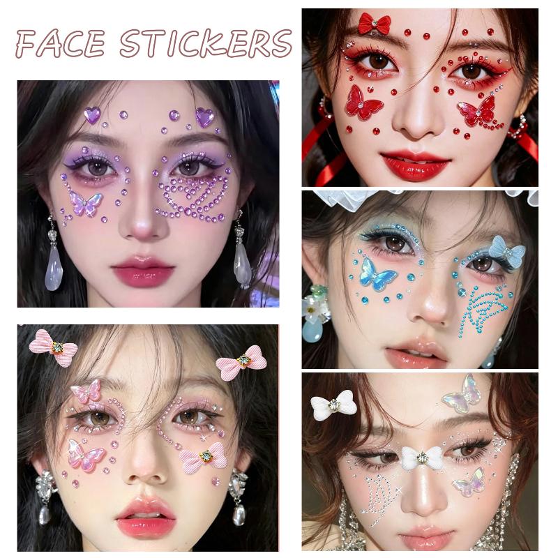 1Pcs Self-Adhesive Face Gems Stickers Rainbow Butterfly Bowknot Rhinestone for Clubbing Night Out Makeup
