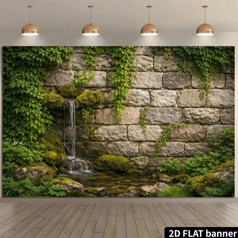 2D Enchanted Stone Wall Waterfall Photography Background