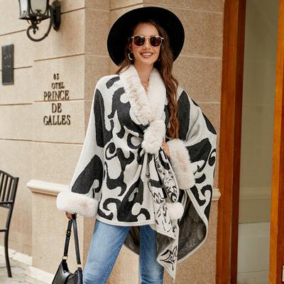 Autumn and Winter Women's Sweater Fur Collar Cloak Women's Contrasting Color Thickened Warm Women's Large Shawl Top