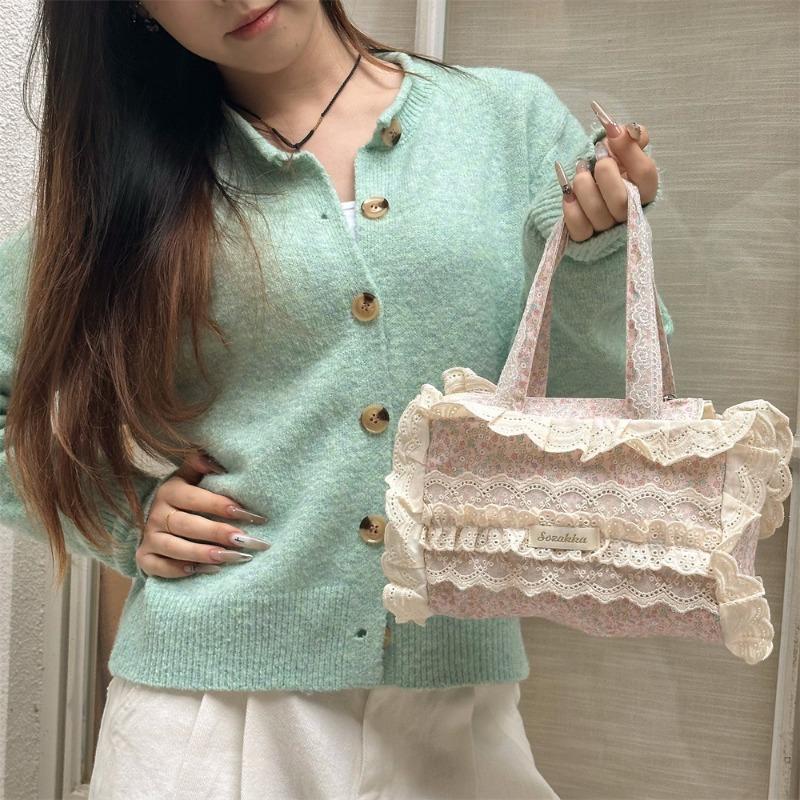 Lace broken flower canvas bag women's new fashion casual commuter tote bag lace edge handbag