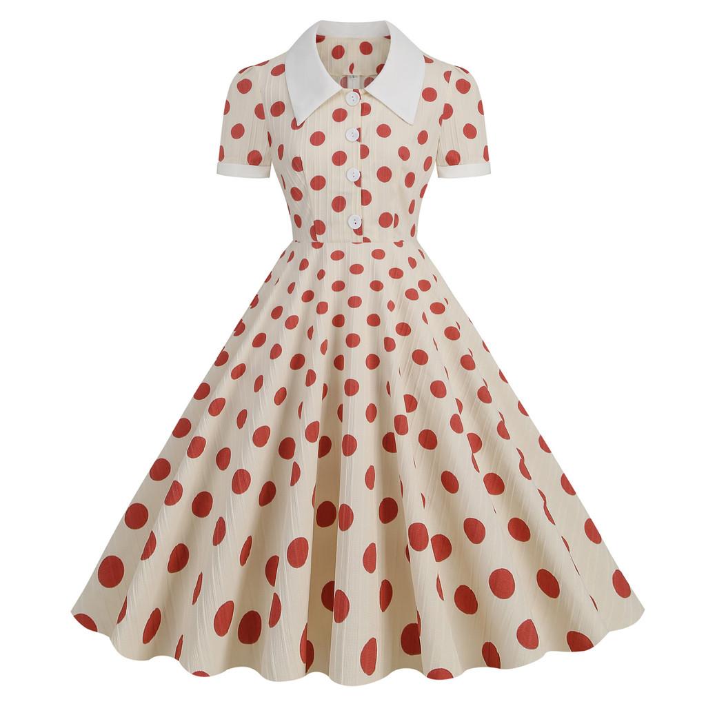 Vintage Polka Dot Dress With Spliced Details For Casual Outings And Parties