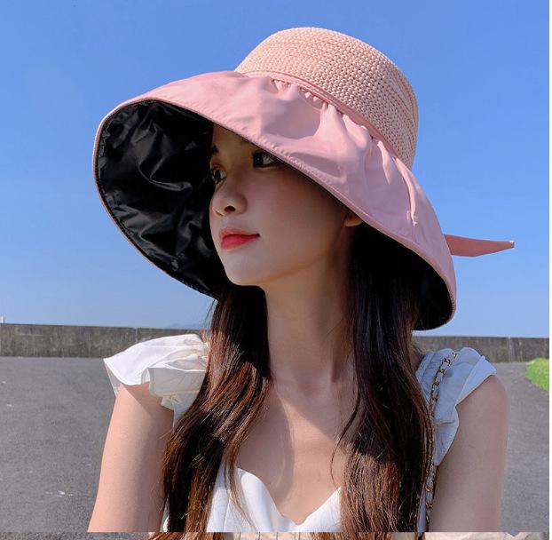 Women's Black Anti-UV Wide Brim Sun Hat with Face Shield