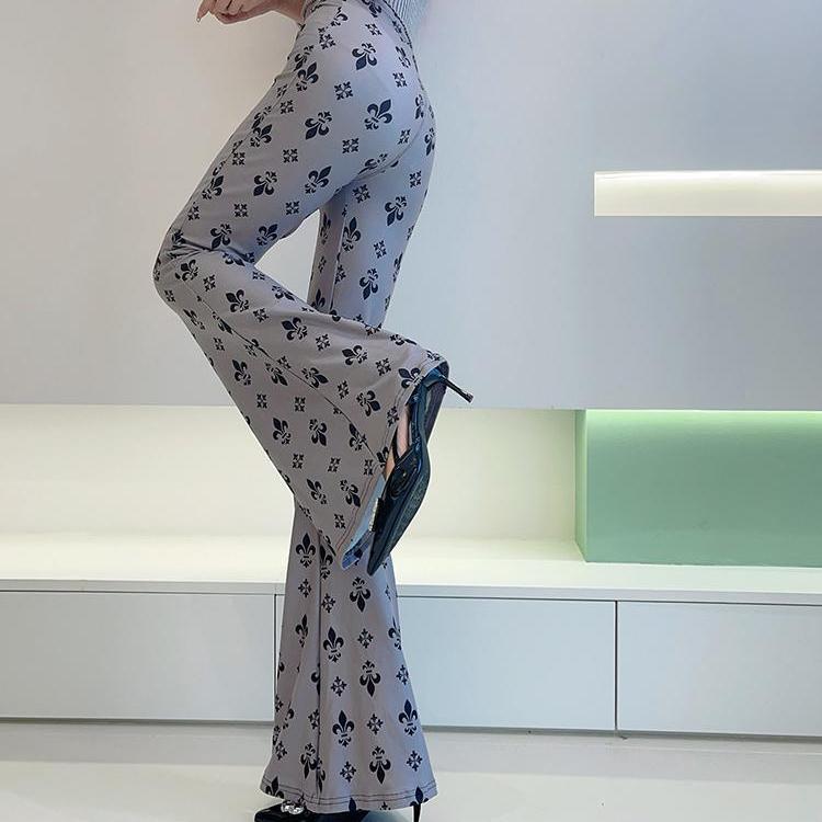 Spring Thin Women's High-waisted Flared Pants Slim Fit Trousers Printed Stretch Flared Pants