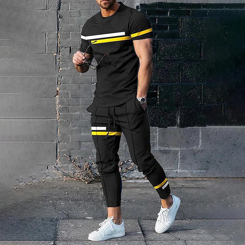 Sommer Männlichen Lose Beiläufige Druck T-shirt Elastische Taille Hosen Set Männer Kurzarm Street Style Pullover T-shirt Jogginghose Homme