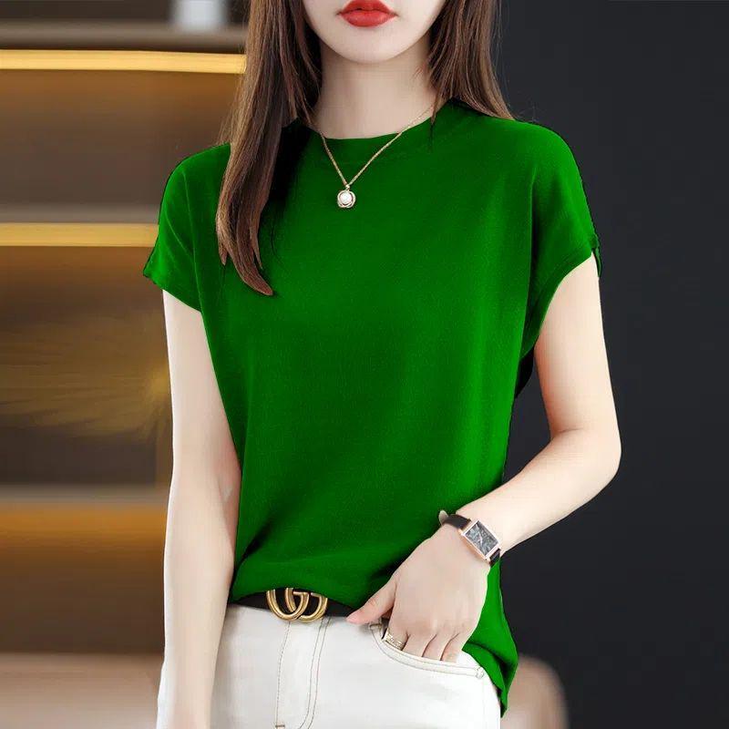 

Women s Summer Ice Silk Round Neck Short Sleeve Loose Knit Top 3XL for 136-150 jin чорний