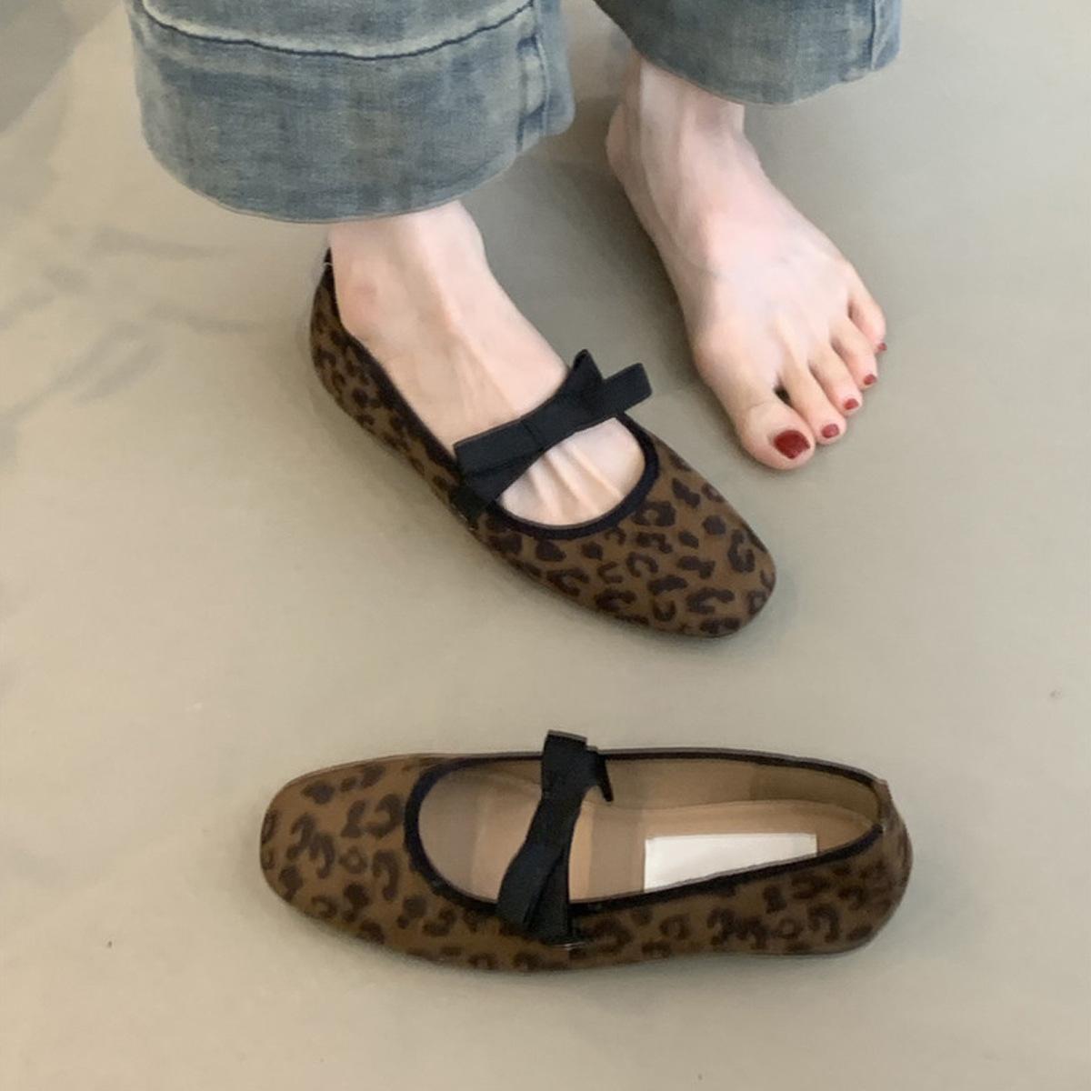 

Round head French fairy wind bow light evening wind Mary Jane women s shoes spring summer flat ballet shoes 40 леопард друку кольору