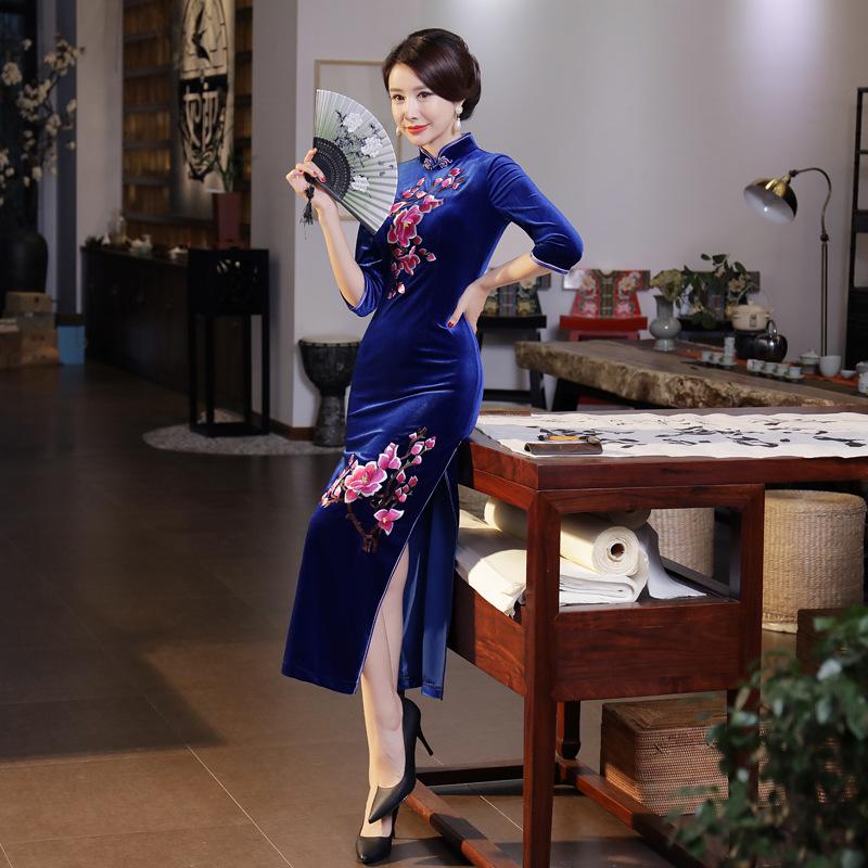 Autumn and winter new velvet long cheongsam improved daily banquet large size performance clothes women's clothing