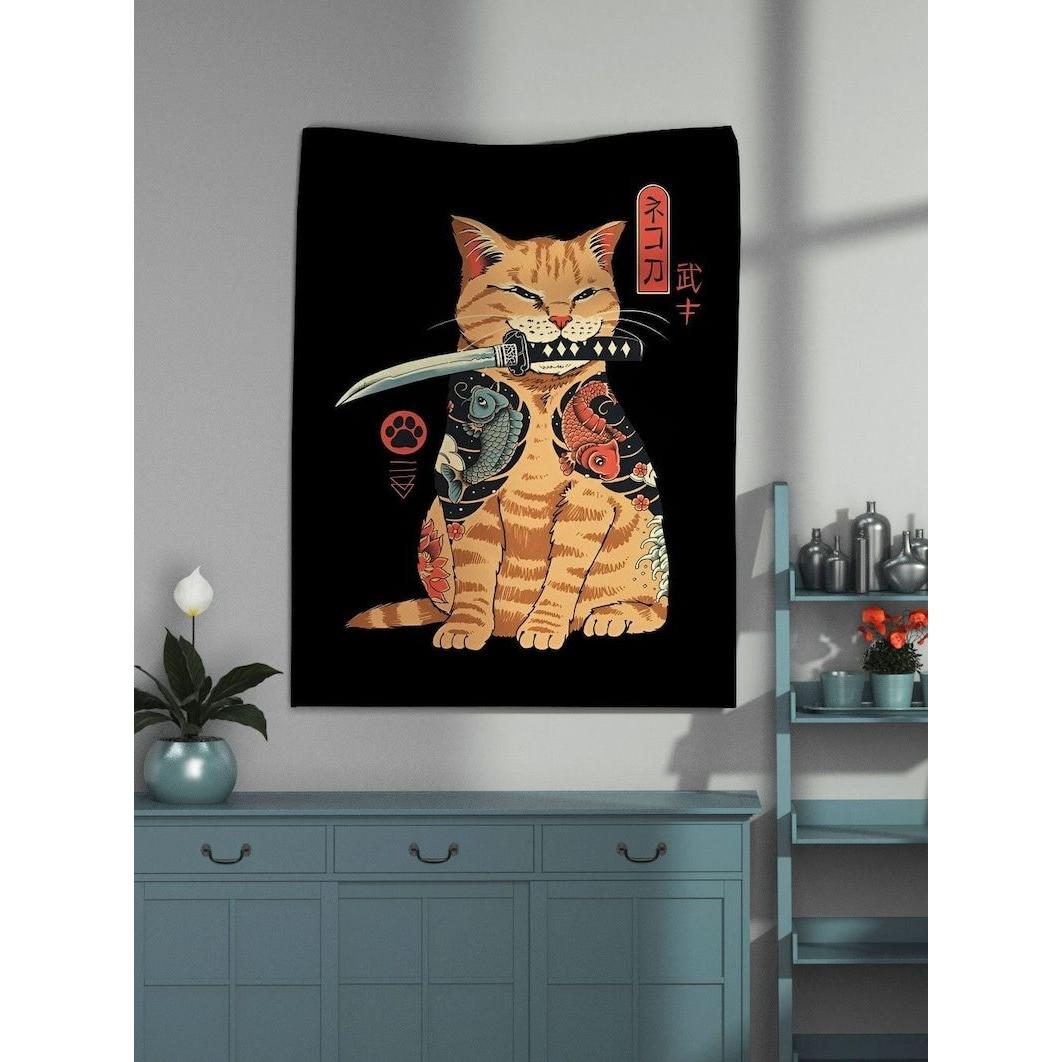 Tapestry Japanese Samurai Cat Katana Modern 75x100