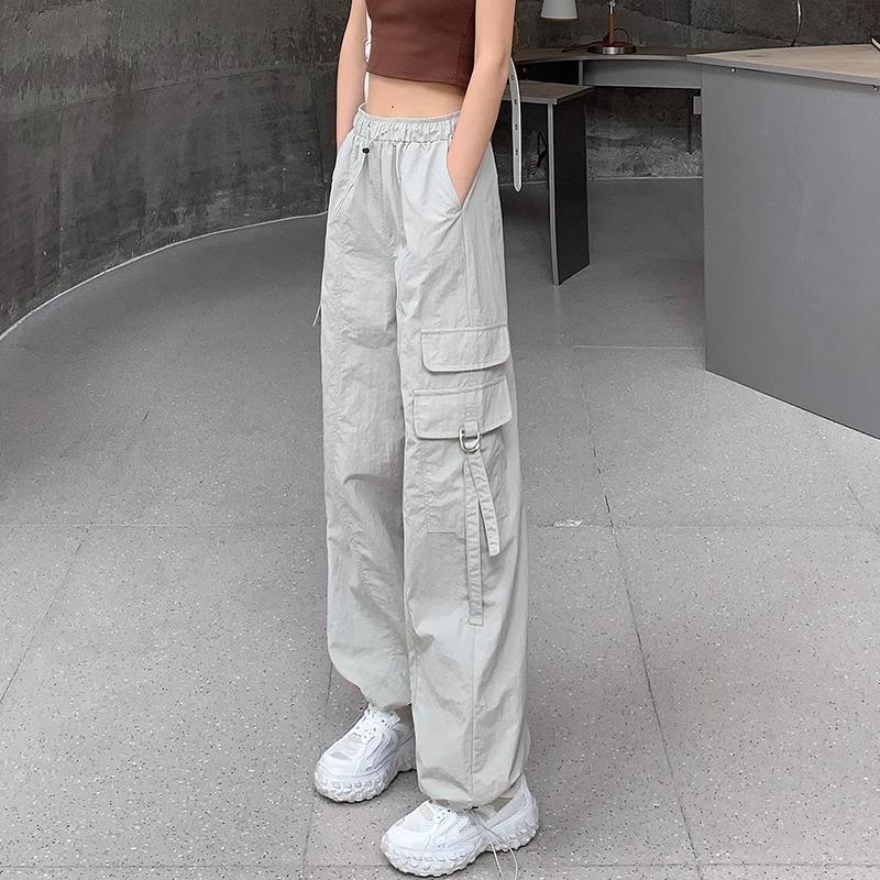 

American Style Gray Functional Loose Overalls Women New Summer Retro High Waist Small Parachute Quick-Drng Casual Pants 2XL золотий