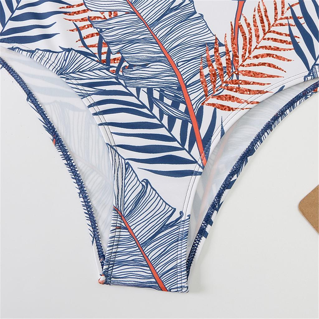 Women's Two Piece Swimsuit High Waist Halter Neck Bikini Set Leaf Print Bottoms Stretch Fabric