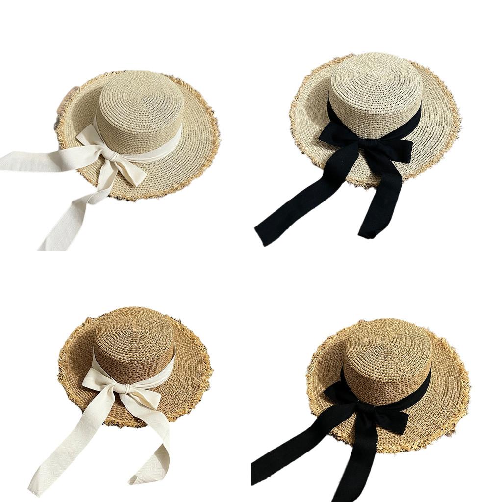 Sommer Frische Runde Oberseite Strohhut Damen Strandurlaub Sonnenhut Schmetterlingsknoten Binden Sonnenschirmkappe