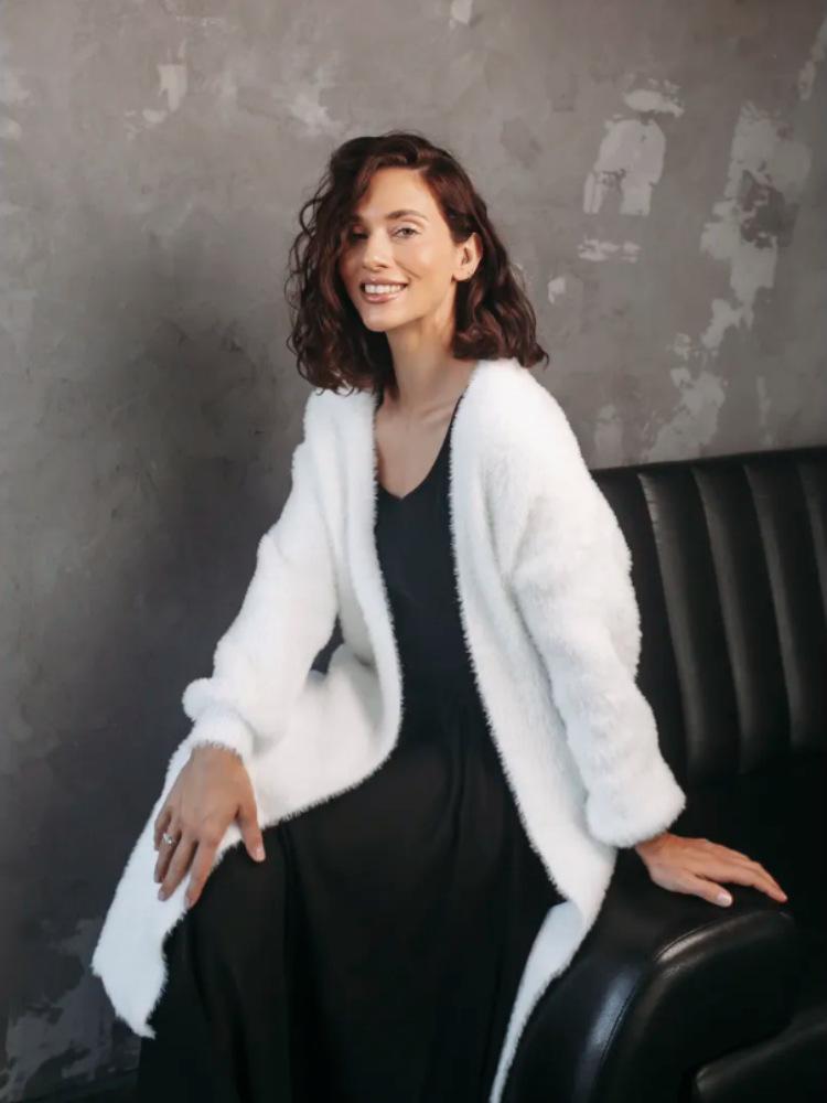 Damen Casual Nerzartiger Weißer Strickpullover Cardigan für Herbst & Winter