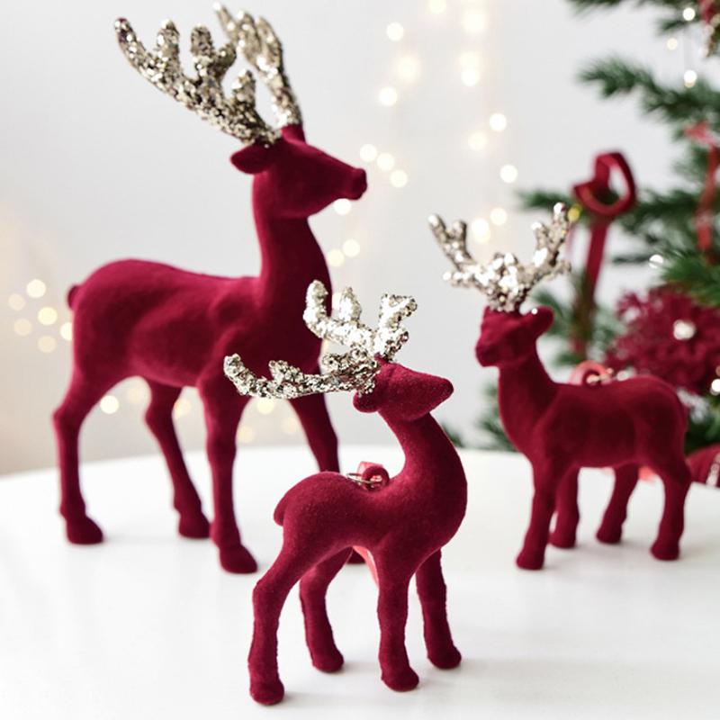 1Pcs Christmas Reindeer Deer Ornaments Decorations House Tabletop Decor Hanging Baubles Flocking Mini Deer Pendant Elk