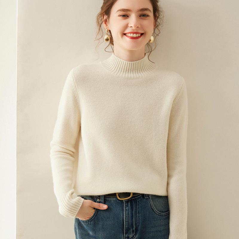2024 Women's High Neck Cashmere Sweater: Thick, Loose, Solid Color Knit Pullover for Autumn/Winter
