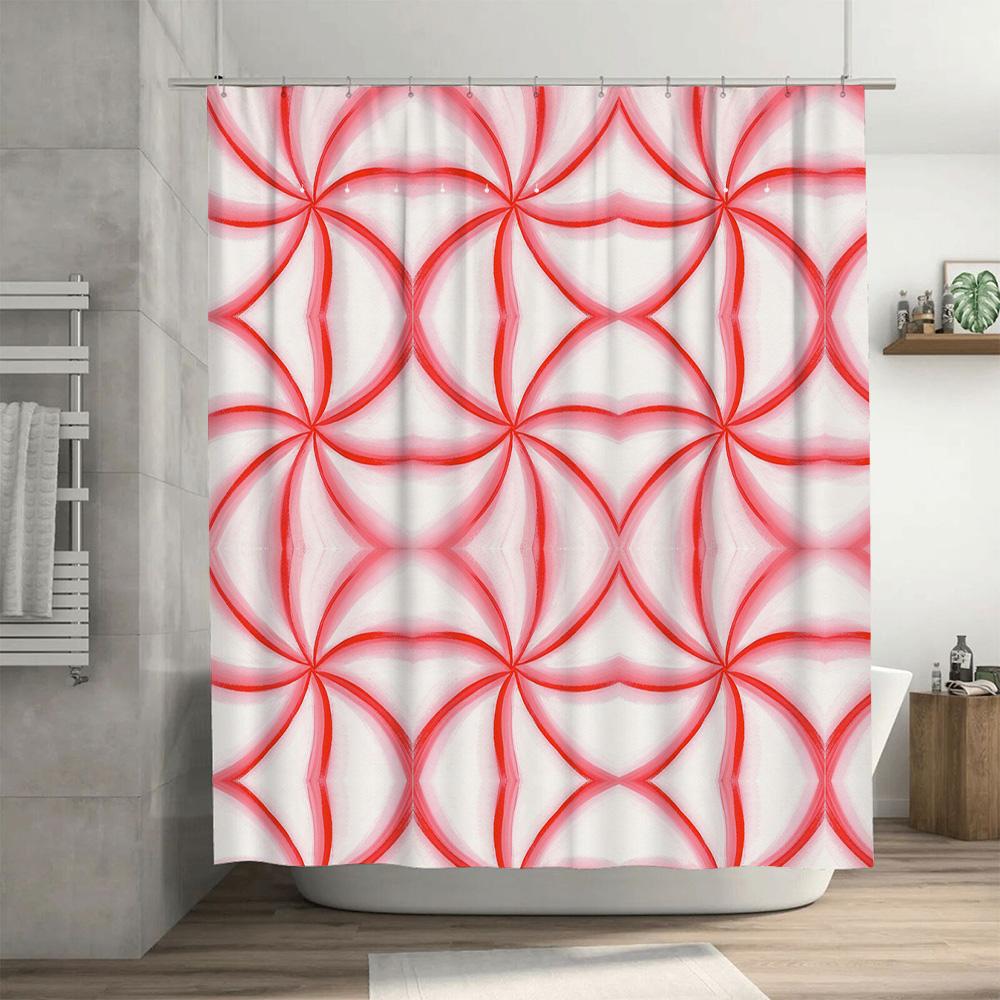 Red Circle Shower Curtain Waterproof Fabric Bathroom Decor Customizable Size White Red Flowers Pattern Shatterproof Rain Showers