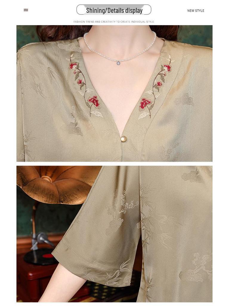 Frühling 2024 Damen Retro Chinesischer Stil Bestickte Kunstseide Tang Bluse