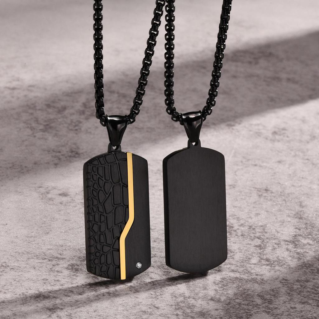 Engravable Black Titanium Steel Dog Tag Pendant Necklace with White Zircon