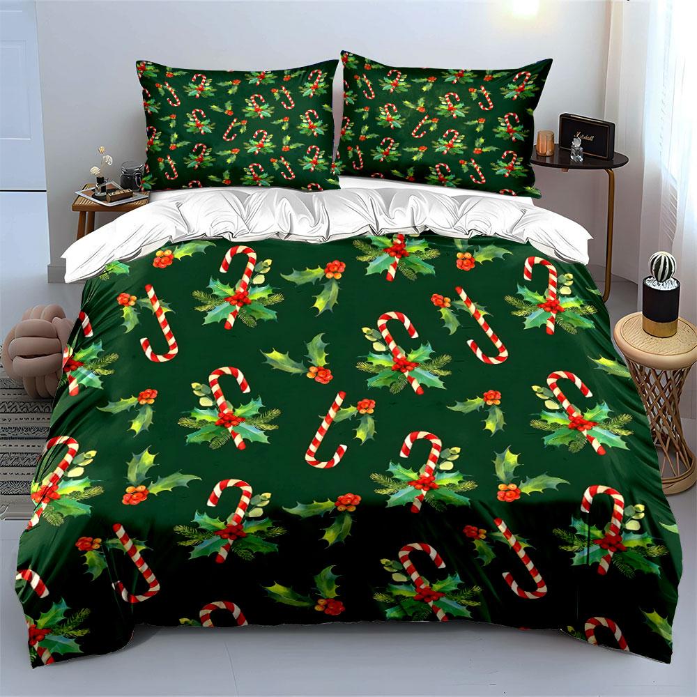 Candy Cane and Holly Pattern Bedding Duvet Cover Set Duvet Cover Pillowcases  (1*Duvet Cover 2*Pillowcases, without duvet insert)