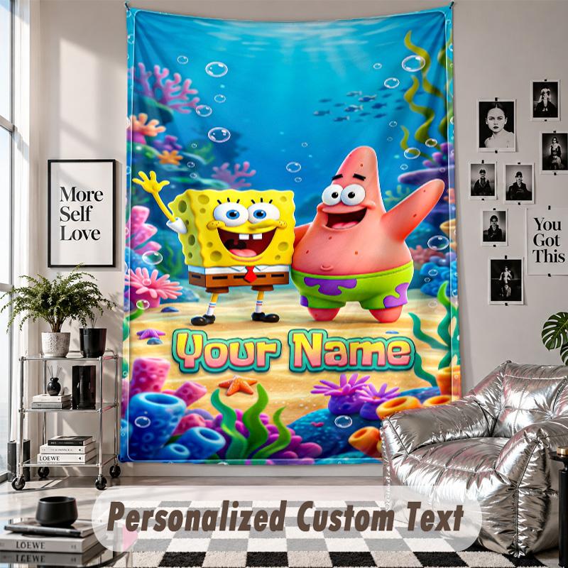 Wall Hanging Tapestry With Custom Name & Text, SpongeBob Decorative Tapestry For Bedroom