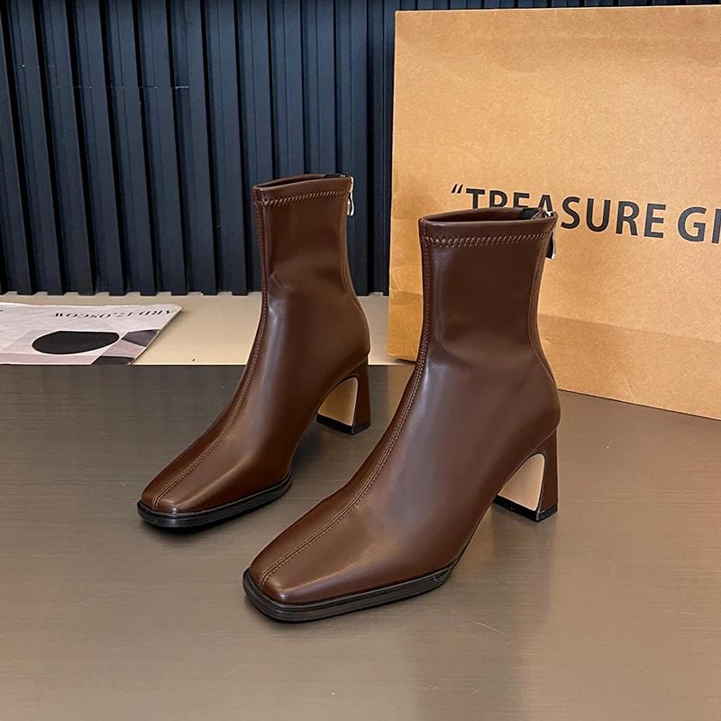 Autumn Winter Women Slimming Short Boots Fashion Back Zippers Square High Heel Shoes  New Women's Ankle Booties