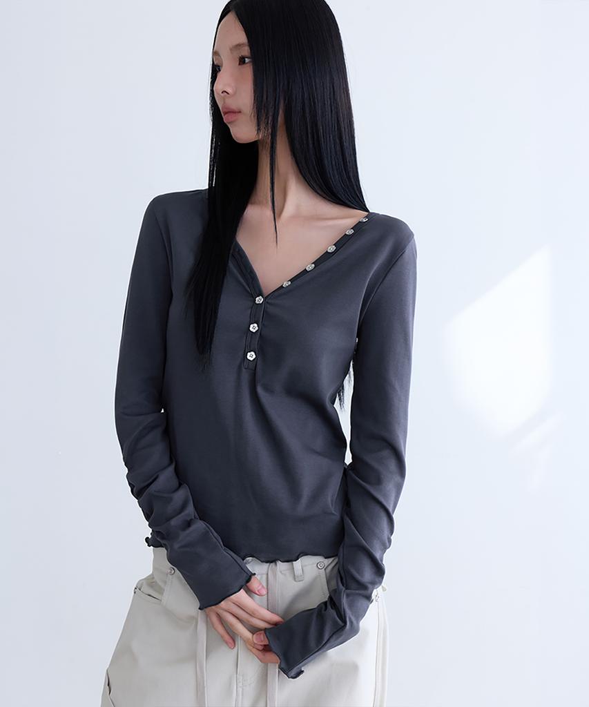 Londonda Button V-Neck Long Sleeve T-Shirts, 3Colors