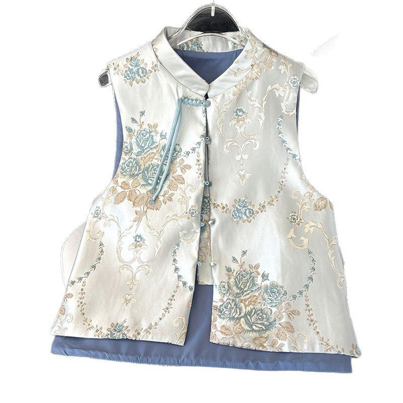 Real shot retro small round neck disc button jacquard embroidered top vest cardigan women