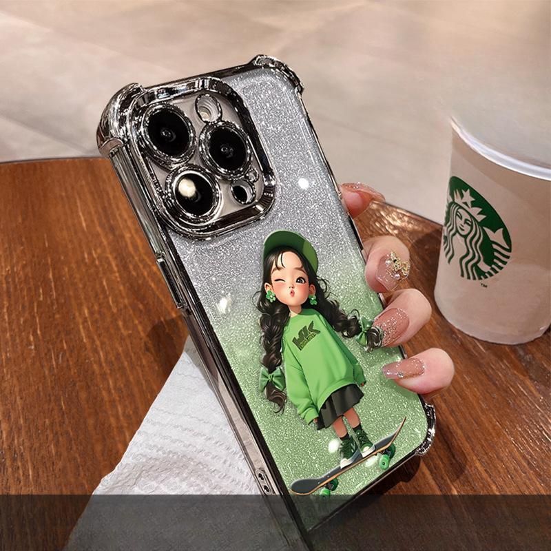 

Skateboard Girl Stand Suitable for Apple 16 Mobile Phone Case 15 Cute Cartoon 14 Electroplated Anti-fall 13 High-end Sense 12 Soft iPhone 7 Plus/8 Plus