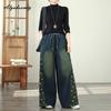 Plus Size Spring Autumn Women Casual Loose Jeans High Waist Floral Print Drawstring Patchwork Baggy Denim Pants Vintage Straight Wide Leg Jeans