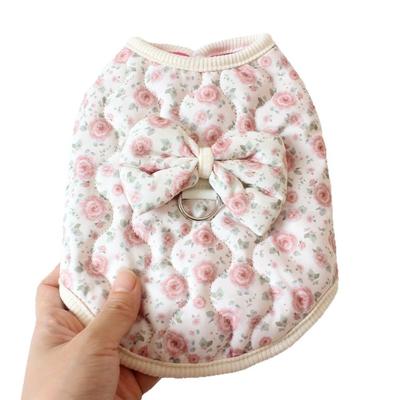 Fashion Fleece Lined Puppy Vest Winter Warm with Bow Floral Dog Jacket Windproof Thickened Teddy Bear Coat Pet Supplies