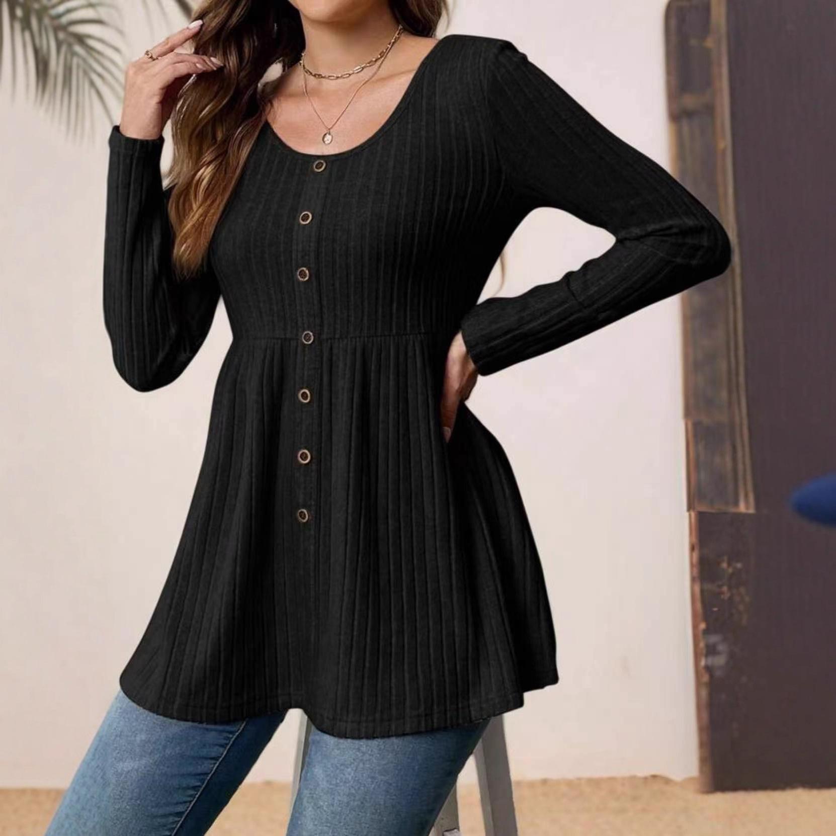 

Women s Fall Winter Ribbed Knit Long Sleeve Tunic Top U Neck Button Front A Line Casual Daily Wear T Shirt Blouse XL чорний