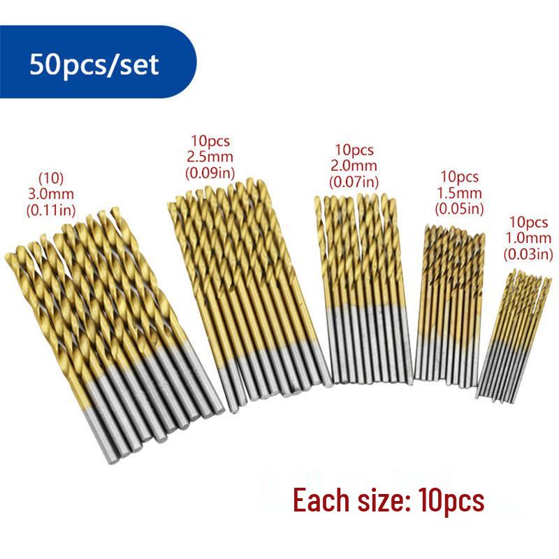50PCS Titanium-Coated HSS Spiral Drill Bits, 1.0-3.0mm, Round Handle, Straight Shank