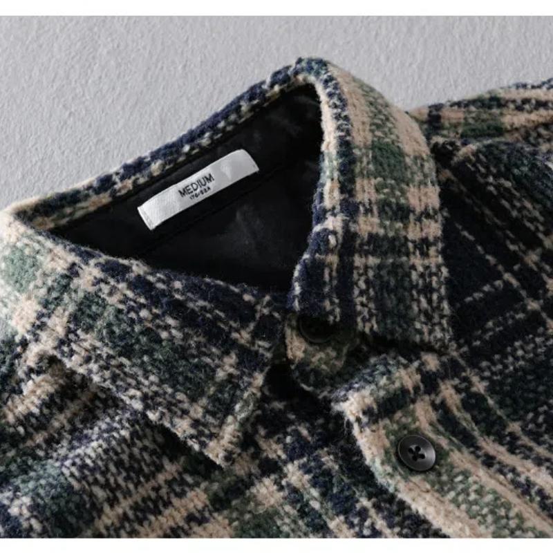 Automne et Hiver Vêtements Homme Chemise à Carreaux Rétro Manches Longues Chemises Amples Brossées avec Poche Chemise Décontractée Quotidienne pour Homme