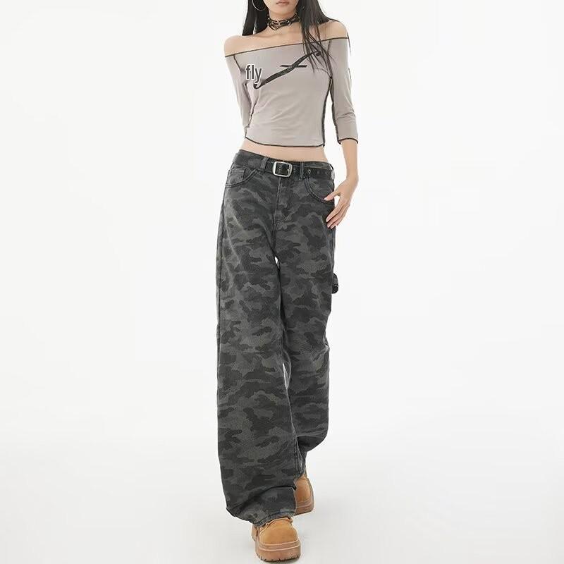 

Women s American High-Street Style Flared Jeans: Spring/Summer Straight-Leg Design Small камуфляжный