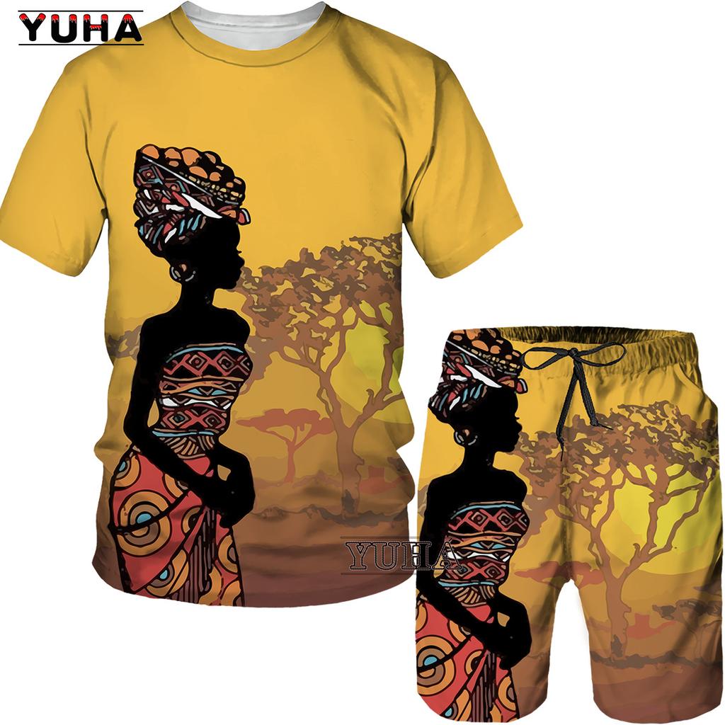 YUHA,Short Sleeve Plus Size Men Retro Ethnic Print Tracksuit Couple Dashiki Clothes Summer African Men's T Shirt Shorts Two Piec