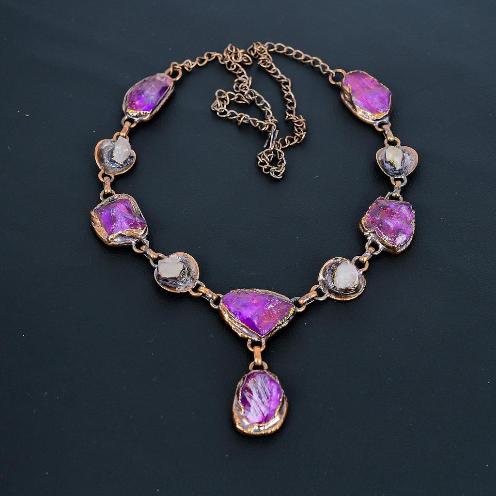 Ruby & Rose Quartz Handmade Gemstone Necklace, Copper Electroformed Necklace Antique Jewelry, Adjustable Necklace Engagement Gift