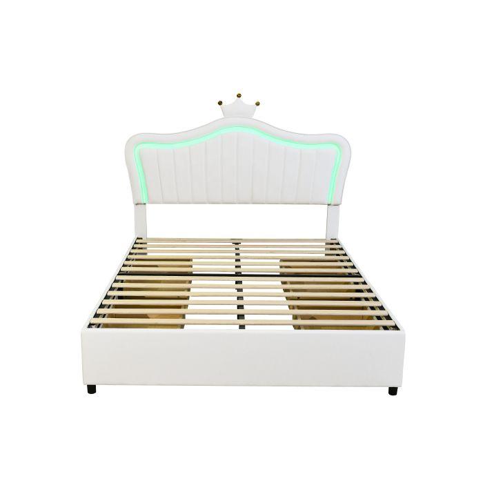 Lit Enfant - MUVOE - 140 X 200 Cm - Similicuir Blanc - Tiroirs De Rangement - Éclairage LED