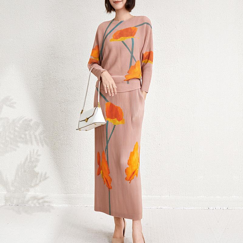Mohnblumenmuster Damen Herbstmode Zweiteiler: Oberteil mit Fledermausärmeln & Midirock