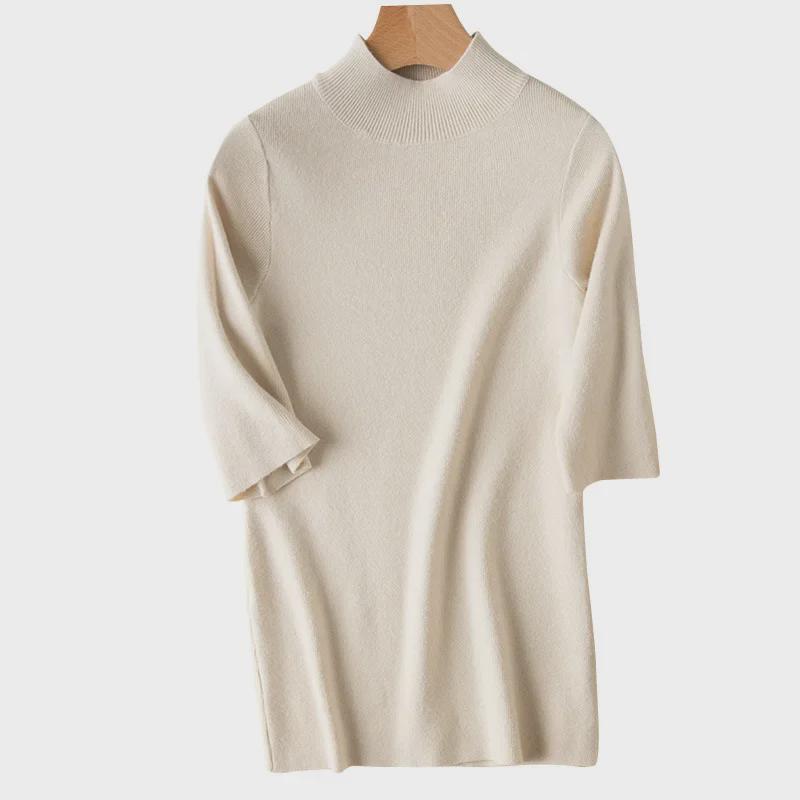 2021 Spring Knitted Half-High Neck Slim Pullover with Five-Point Sleeves