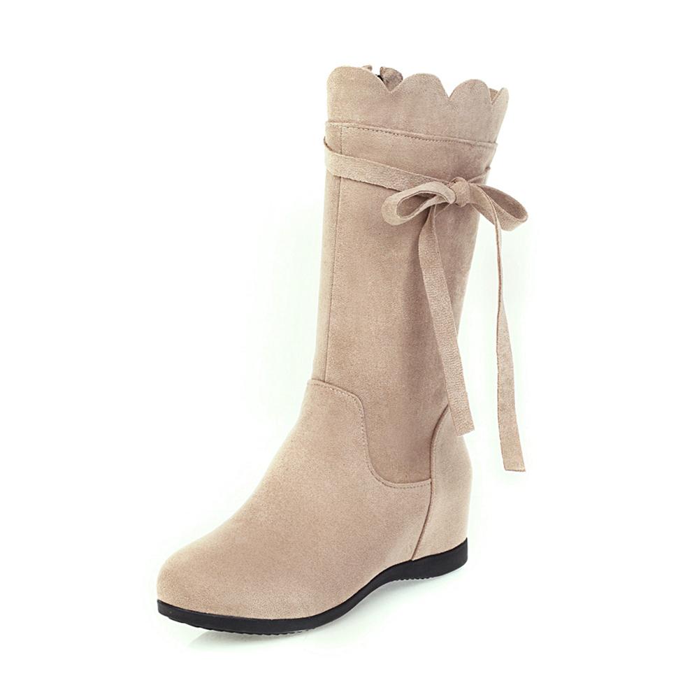 Fashion Women Winter New Versatile Boots Mid Calf Low Heeled Zip Boots Chunky Heel Bow Boots Sweet Girls Botas Mujer Black Apricot
