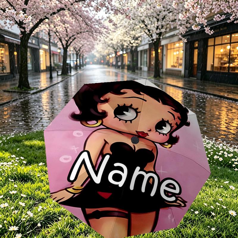 Custom Name Personalized Betty Boop Print Umbrella, Auto Open Close, 8‑Rib Sturdy Frame, Commute Camping Hiking Use, Birthday Gift