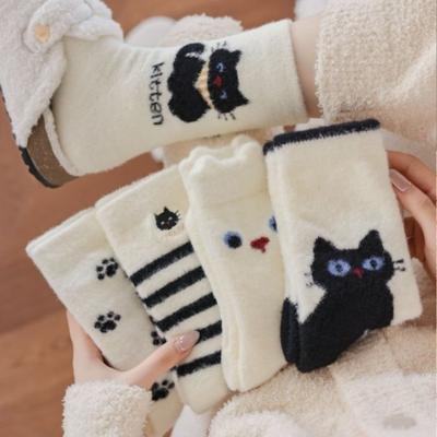 Dicke und mit Fleece bestickte Katzen-Kniestrümpfe für Herbst und Winter, niedliche, dicke und warme Damen-Fleece-Socken, Schlaf-Socken aus australischem Fleece
