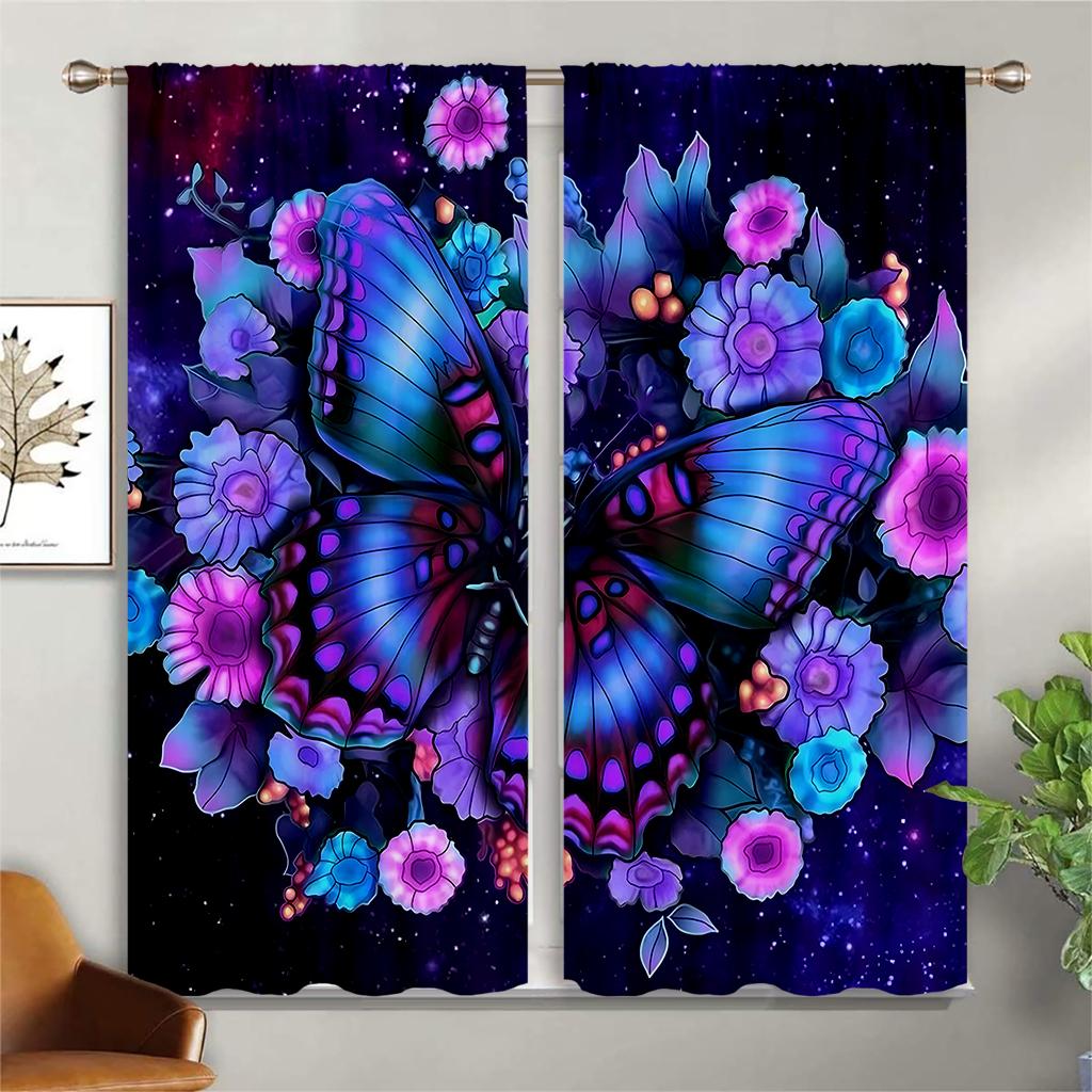 Floral Butterfly 3d Print Curtains, Rod Pocket Semi Blackout Curtains, Bedroom Living Room Office Decorative Curtains, Kids Gift