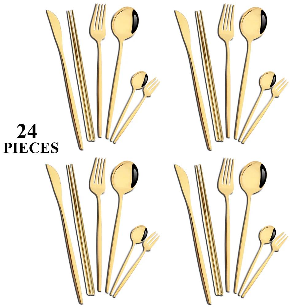 24Pcs Gold Tableware Set Stainless Steel Flatware Dinner Knife Forks Spoon Chopsticks Cutlery Set Kitchen Wedding Dinnerware Set